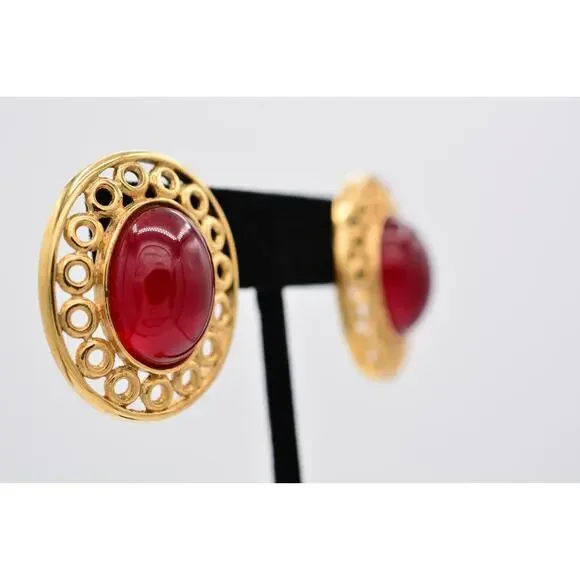 Givenchy Vintage Cabochon Earrings Red Oval Gold Chunky Signed Retro 1980s BinAZ - Picture 5 of 12